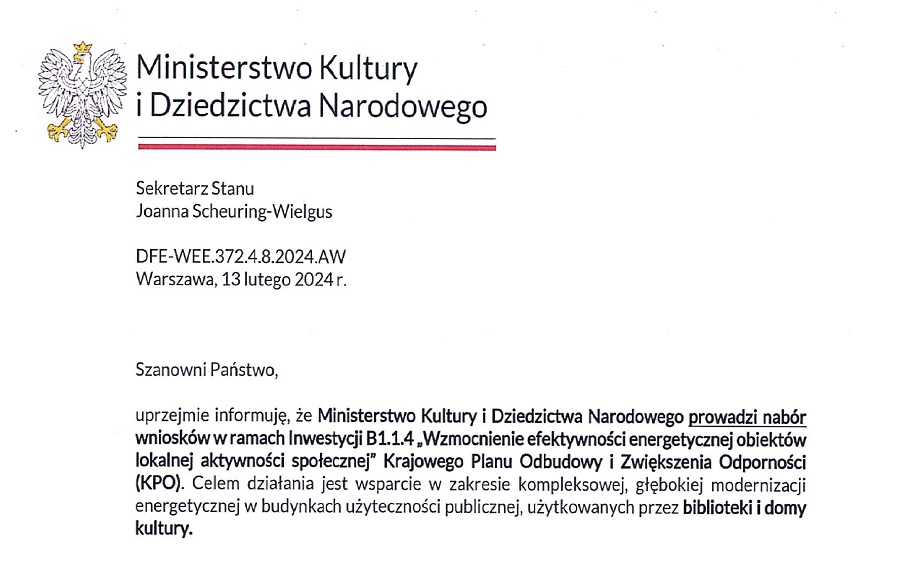 Wsparcie modernizacji energetycznej bibliotek i domów kultury – nabór wniosków