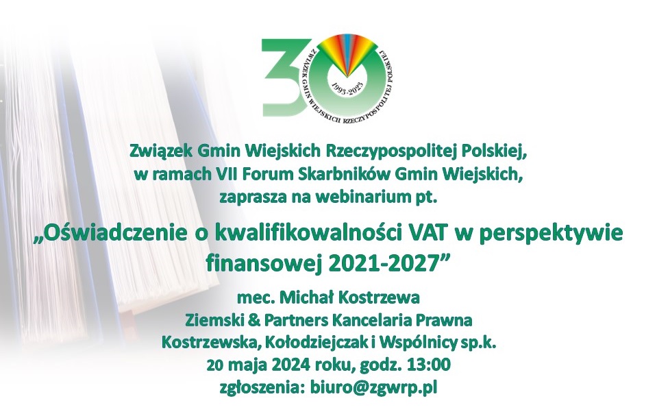 ZGWRP zaprasza na webinarium: „Oświadczenie o kwalifikowalności VAT w perspektywie finansowej 2021-2027’’