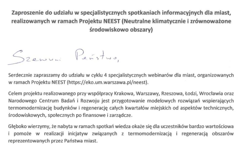 Cykl webinariów dla miast w ramach projektu NEEST – zaproszenie do udziału