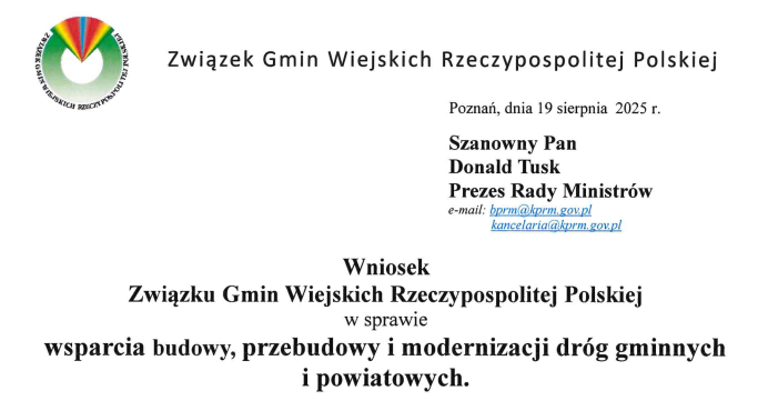 Wniosek ZGWRP do Premiera Donalda Tuska o wsparcie budowy, przebudowy i modernizacji dróg gminnych i powiatowych.