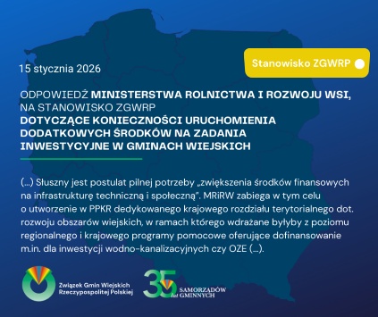 Odpowiedź MRiRW na stanowisko XXI Kongresu Gmin Wiejskich w sprawie dodatkowych środków na inwestycje w gminach wiejskich