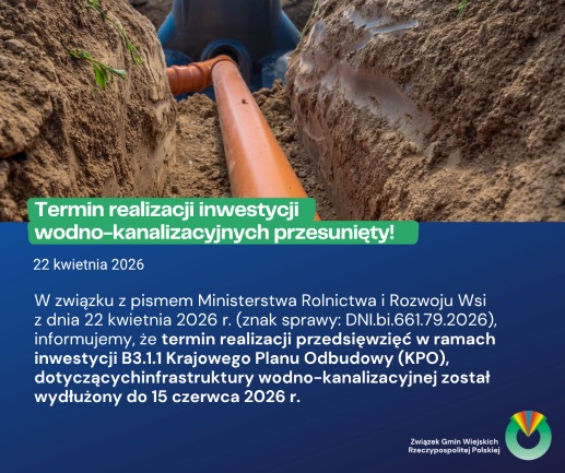 Termin realizacji inwestycji wodno-kanalizacyjnych przesunięty!