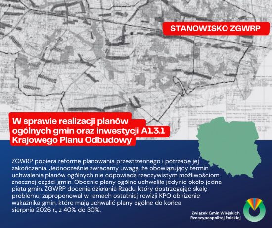 Stanowisko w sprawie realizacji planów ogólnych gmin oraz inwestycji A1.3.1 Krajowego Planu Odbudowy